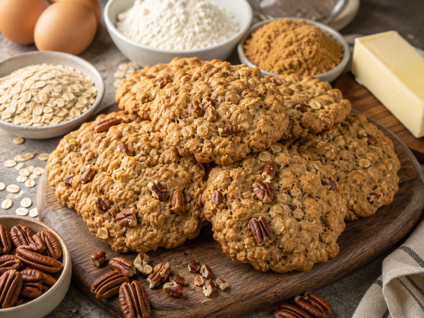 A stack of golden oatmeal cookies